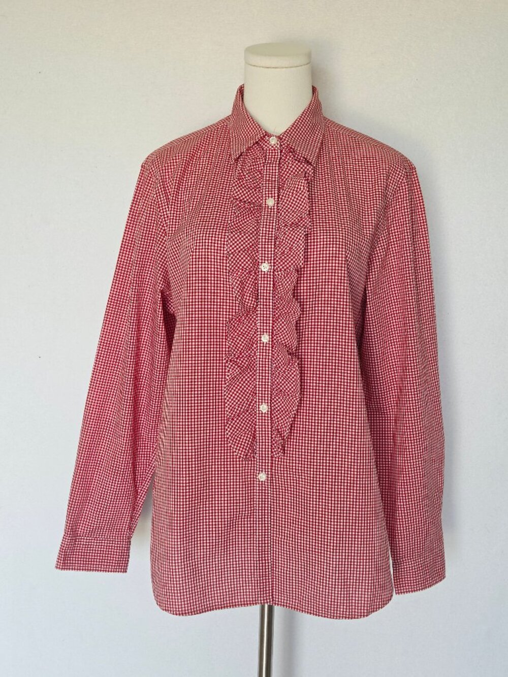 Vintage Lauren Ralph Lauren Red White Gingham Ruffled Shirt Button-Up Cotton